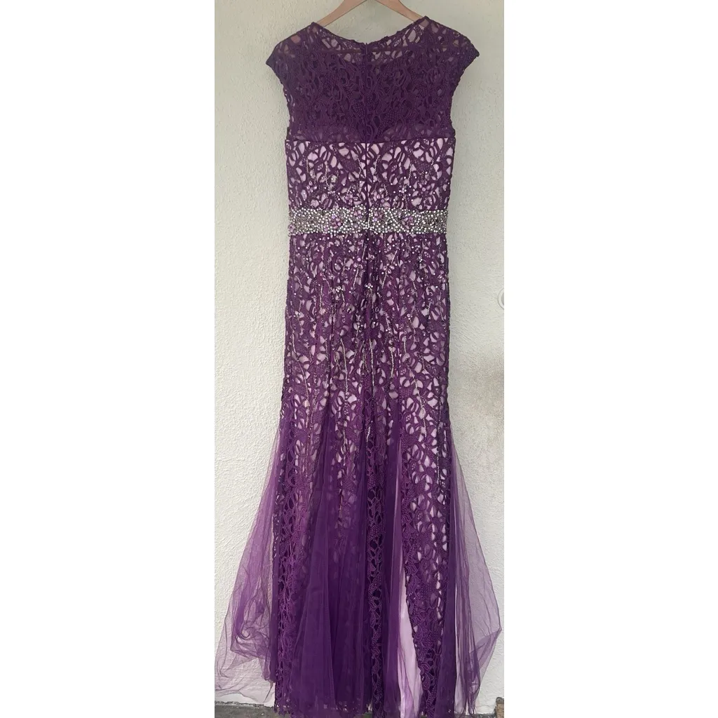 Jovani Purple Lace Beaded Mermaid Gown 6 Cap Sleeve Prom Formal Embellished - Image 5