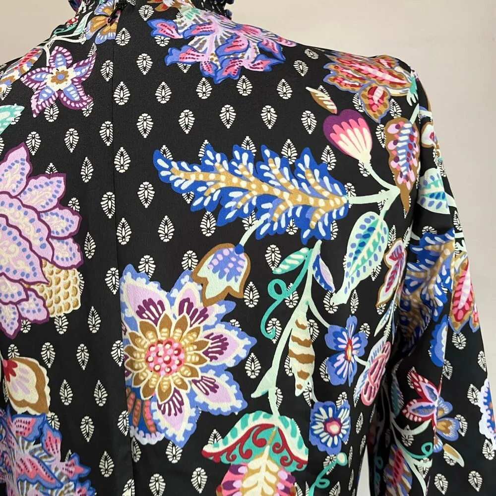 Loft Black Floral Mock Neck Long Sleeve Babydoll Dress Size 10 Petite - Image 5
