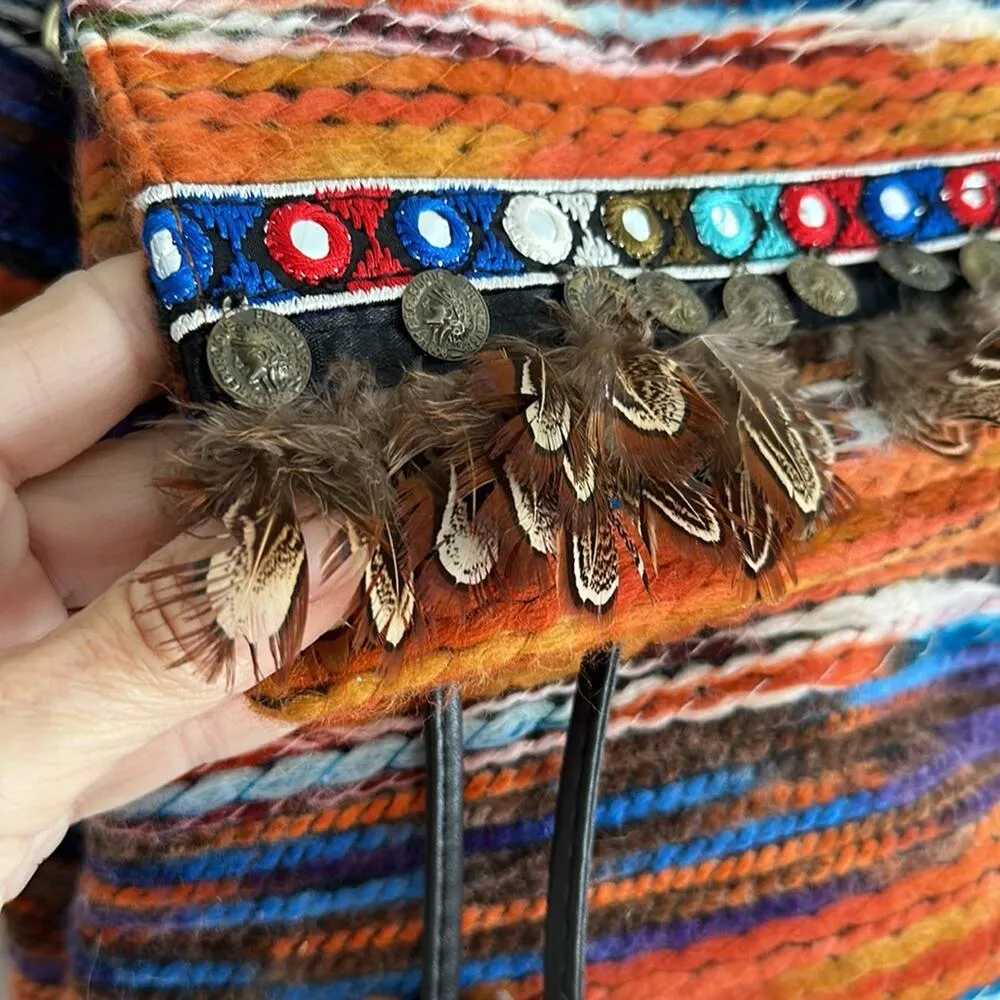 Southwestern Rug Backpack 13x11 Feathers Coins Embroidered Boho Western Orange - Image 3