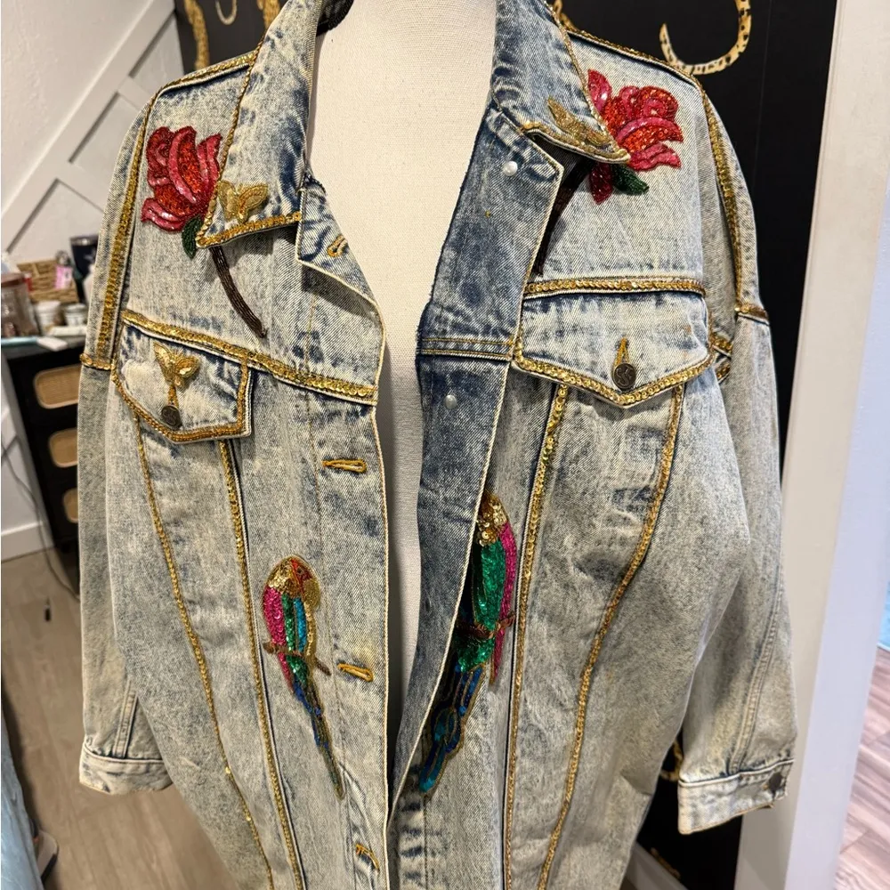 JM vintage sequin Embroidered Denim Jacket large - Image 3
