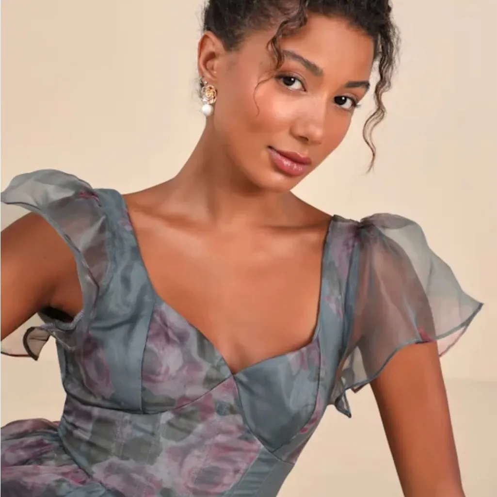 Lulu's Elegant Blue and Pink Floral Midi Dress Size L - Image 3