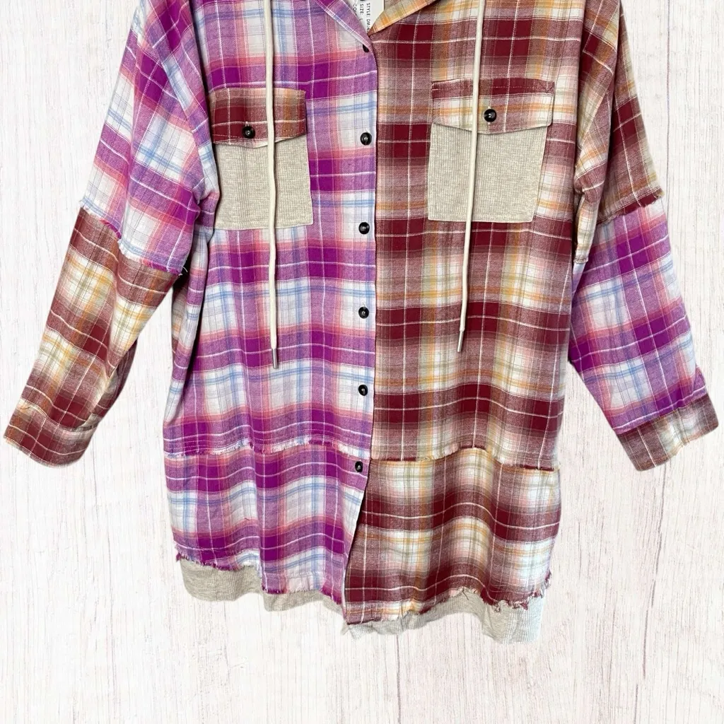 NWT DANCE & MARVEL Lightweight Flannel Color-block Plaid Hooded Shacket, Large - Image 3