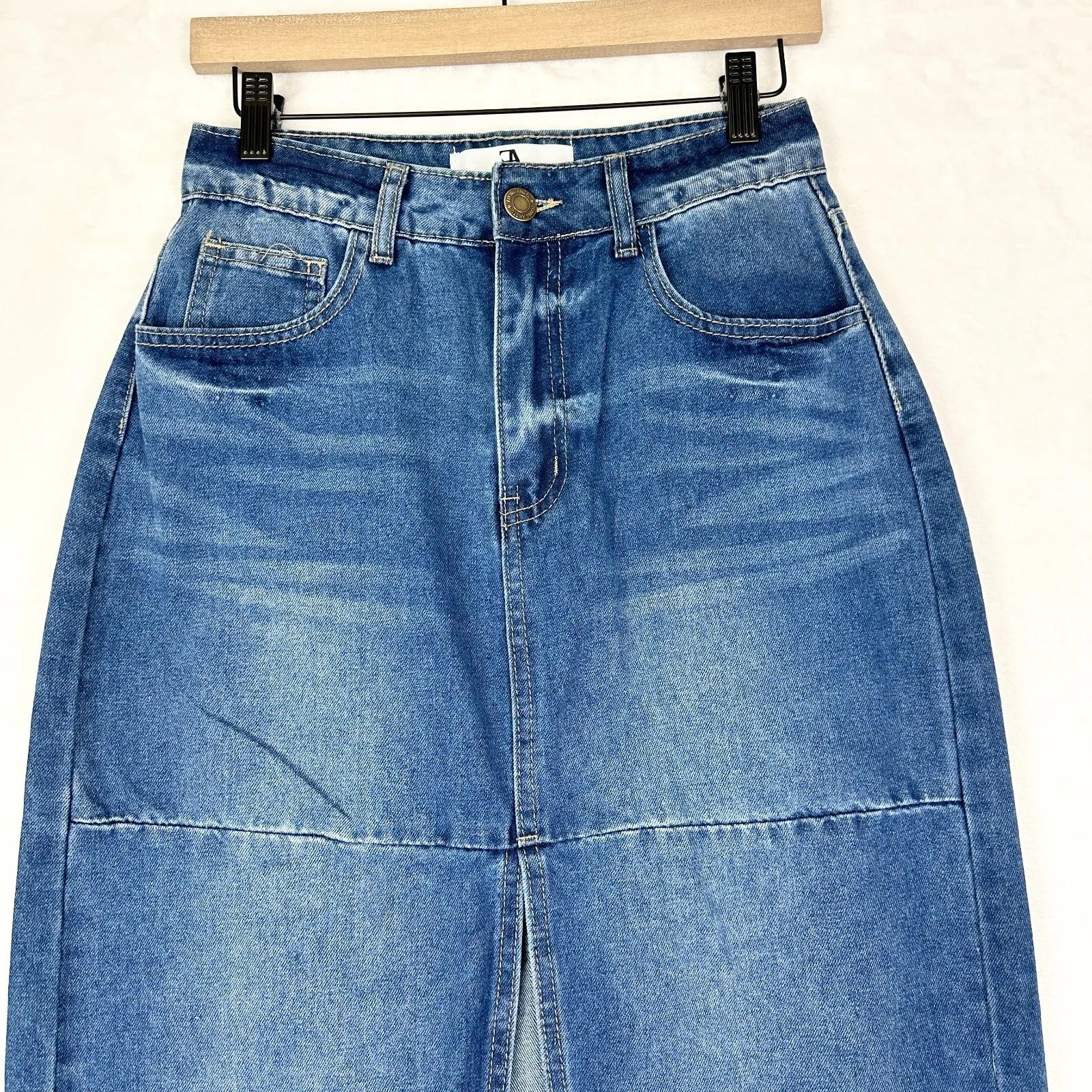 Flying Angel Slit Denim Maxi Skirt Size 27 Y2K Western Boho Stretch Medium Wash Blue - Image 3