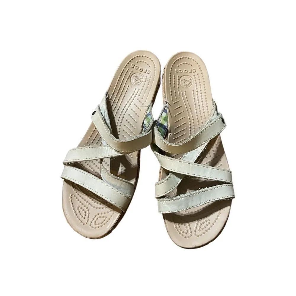 Crocs Leigh Cork Beige Wedge sandals Leather Straps Womens - Image 2