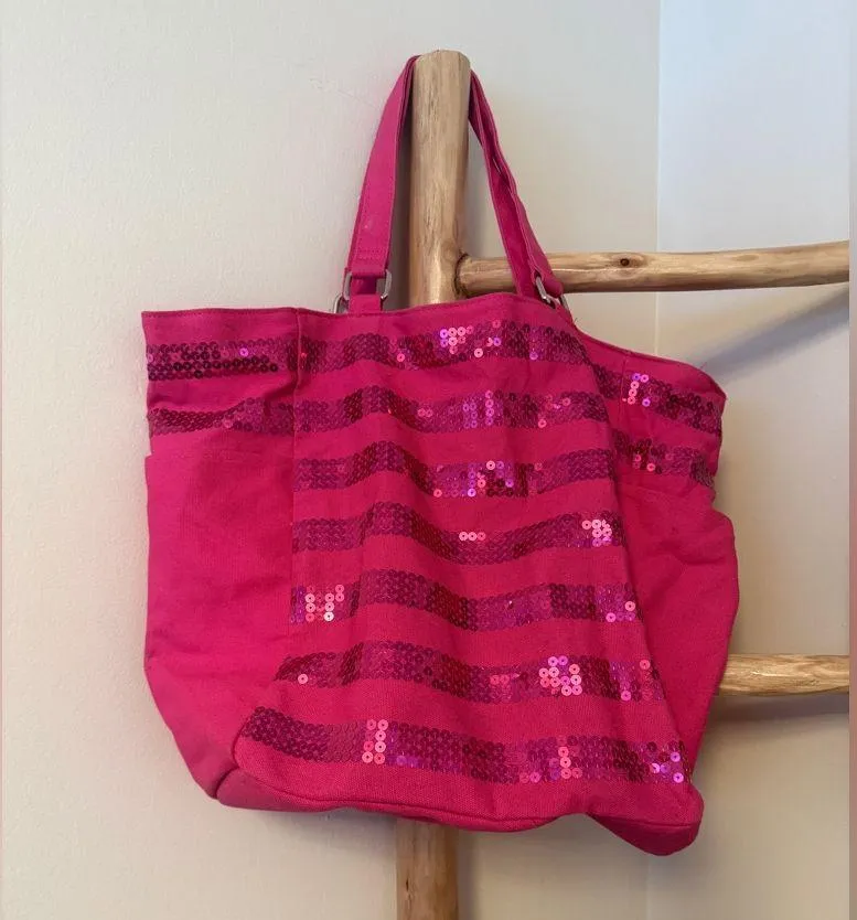 Victoria's Secret Hot Fuschia Bright Pink Striped Sequin Tote Bag With Handles - Image 4