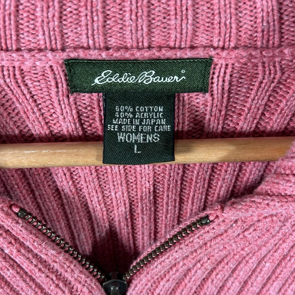 Eddie Bauer Ribbed Zip Large Cardigan Sweater Dusty Rose Cotton Blend Casual - Image 2