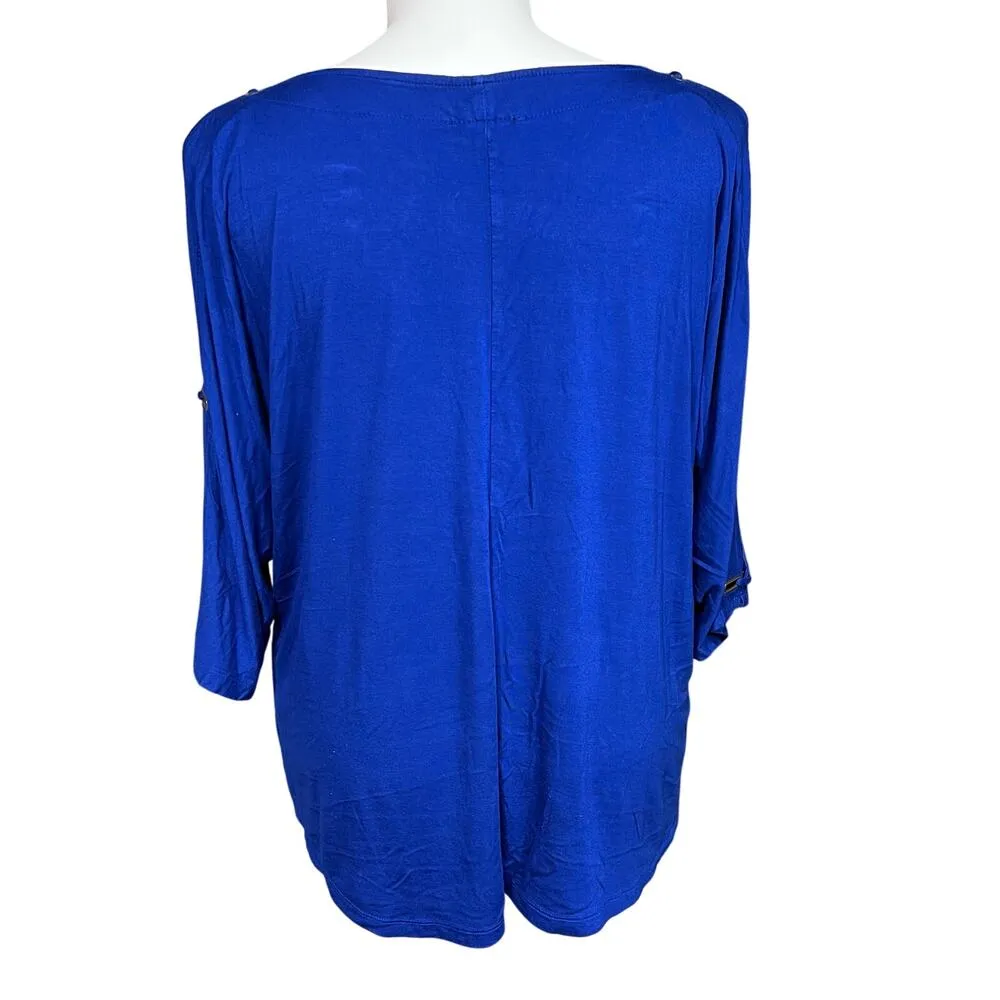 Cable & Gauge Womens Blouse Shirt Top Cold Shoulder Dolman Sleeve Royal Blue 1X - Image 3