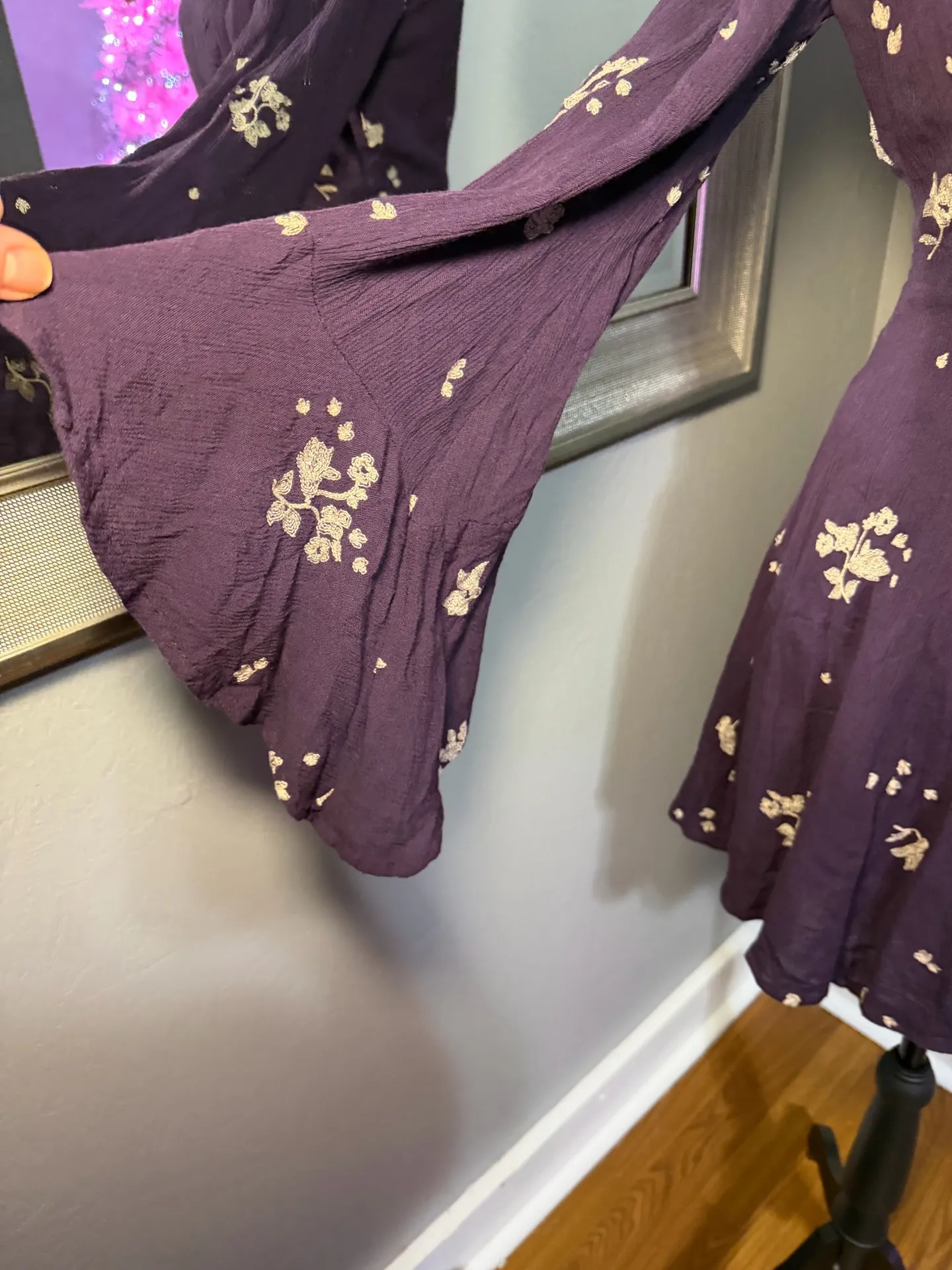Free People Boho Jasmine Purple floral embroidered kimono bell sleeve dress size 0 - Image 2
