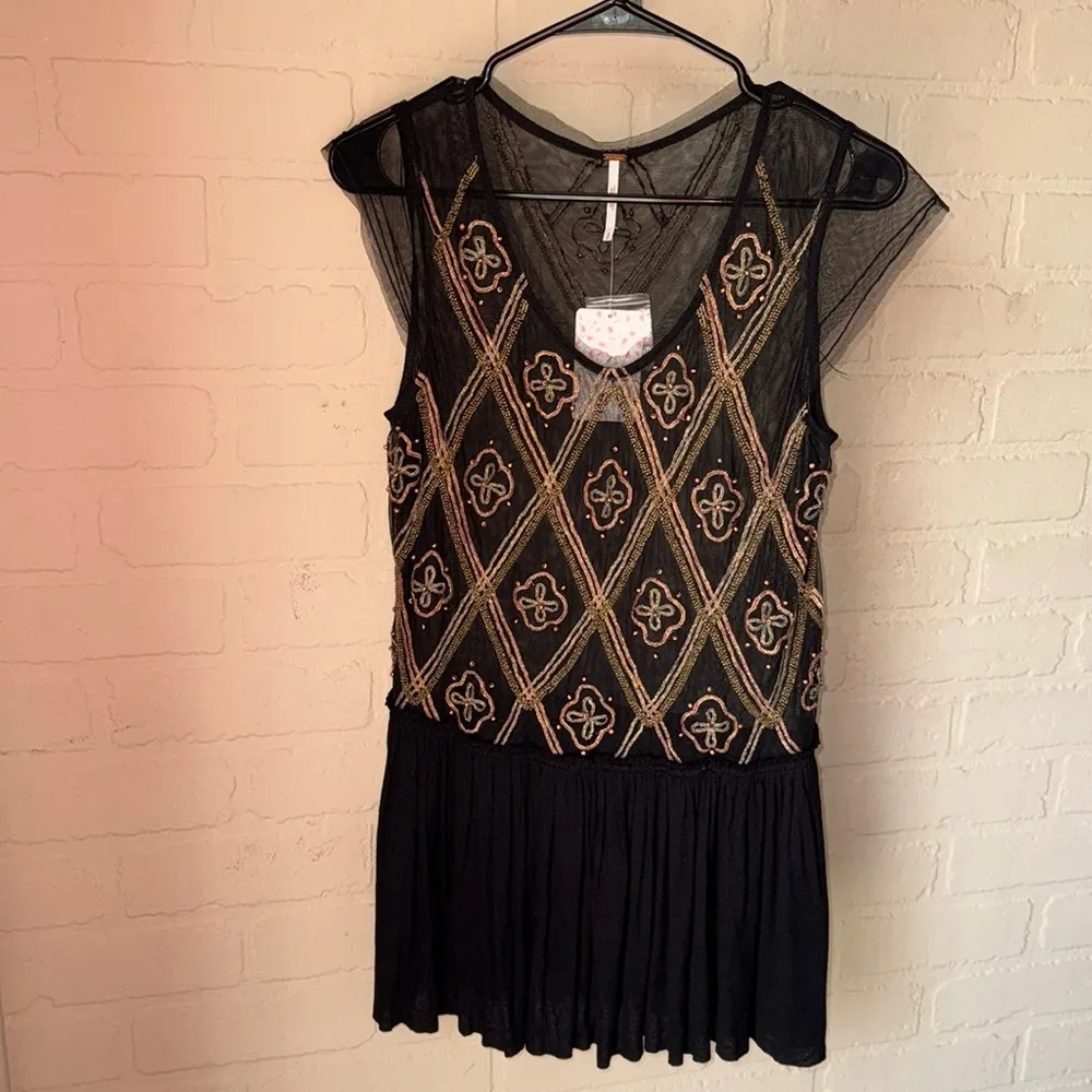 Free people shirt tulle raw pleated hem embroidered top beaded embroidery - Image 2