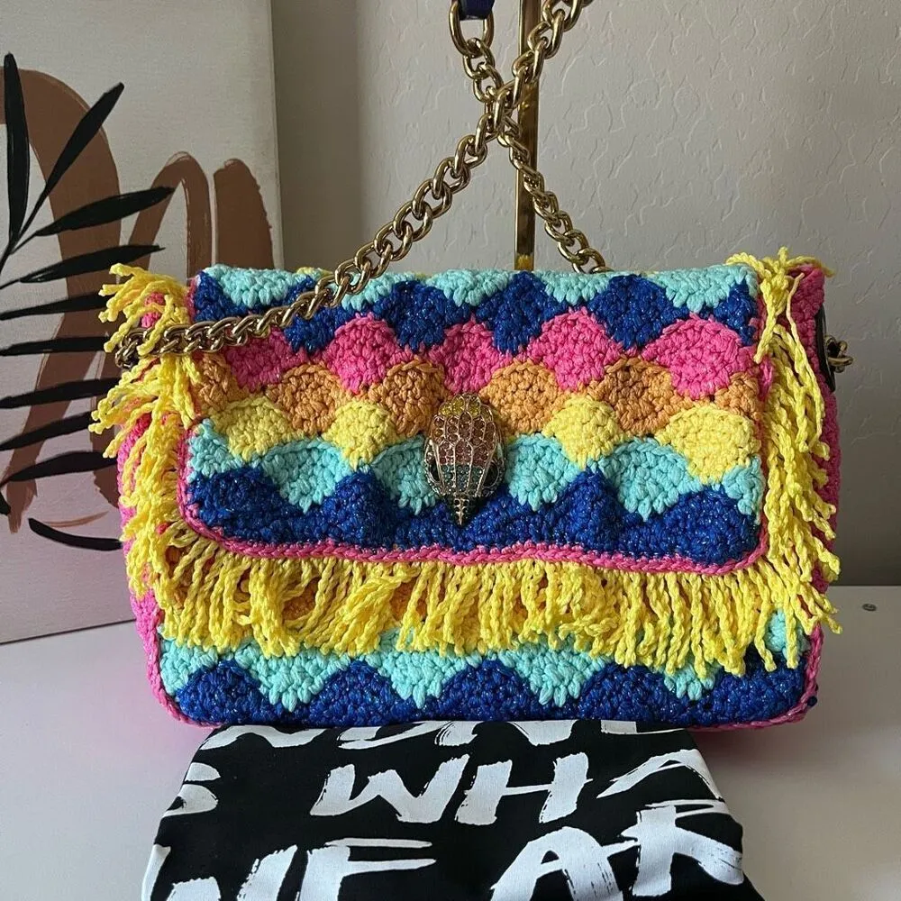 Kurt Geiger Kensington Rainbow Multicolor Crochet Knit Fringe Shoulder Bag Purse - Image 11