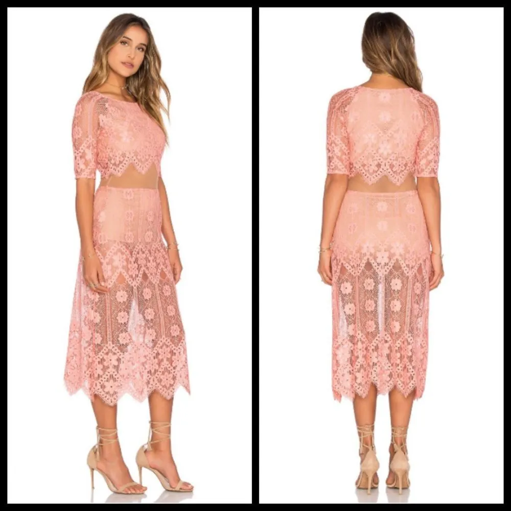 💕FOR LOVE & LEMONS x REVOLVE💕 Pink Lace Illusion Midi Dress Medium M NWT - Image 4