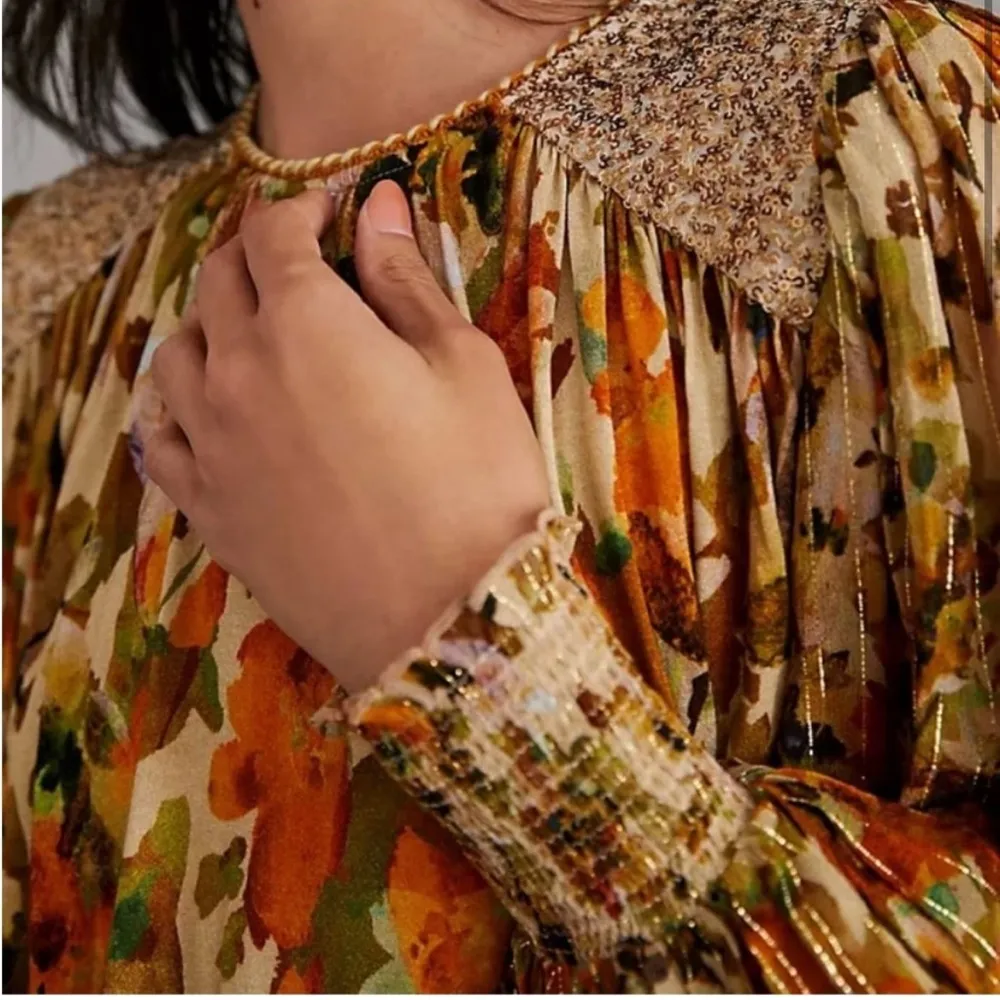 Anthropologie‎ Blank London Sequin Sheer Metallic Puff Sleeve Floral Blouse XS - Image 4