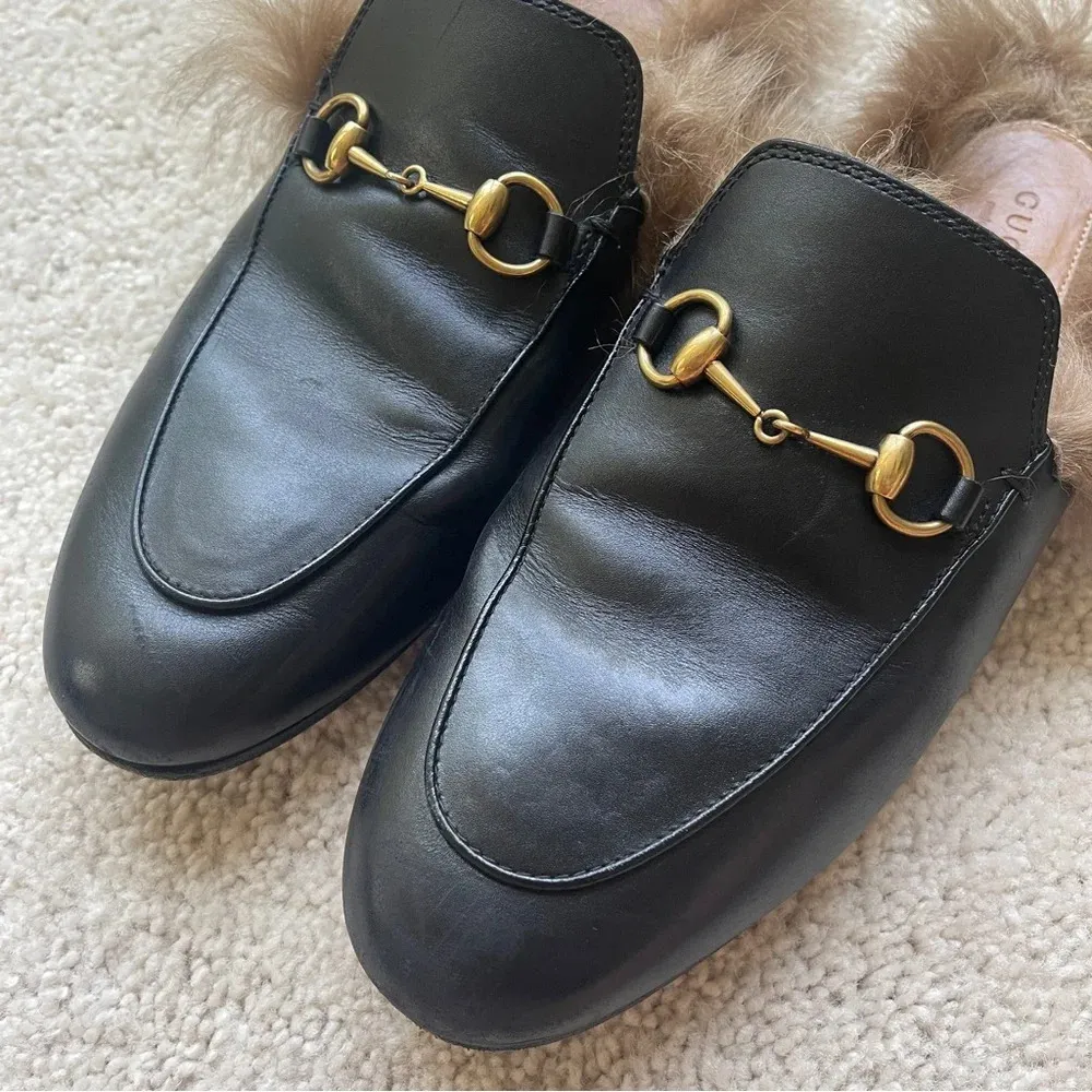 Gucci Princeton Black Fur Mules Slip On Shoes horse bit loafer slides - Image 8