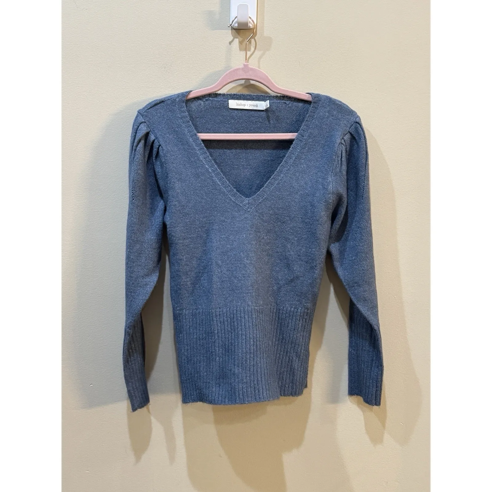 Bishop And Young Blue V Neck Puff Sleeve Sweater‎ Size Small Pullover - Image 2