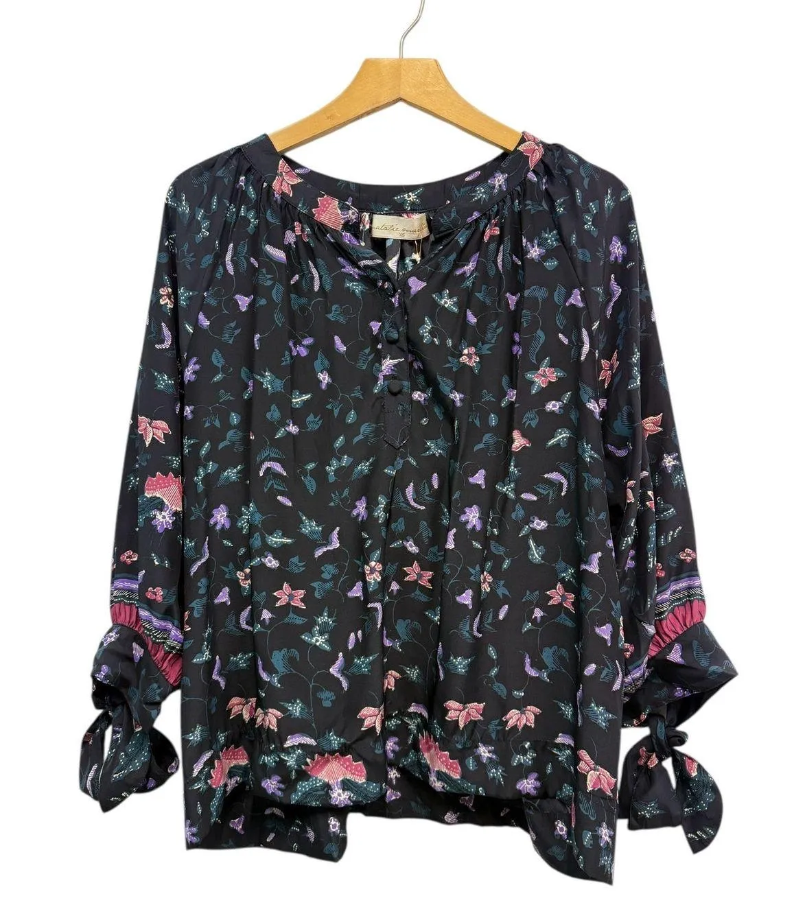 Natalie Martin Renata Silk Peasant Blouse Lotus Print Nero with Tied Sleeve XS - Image 7