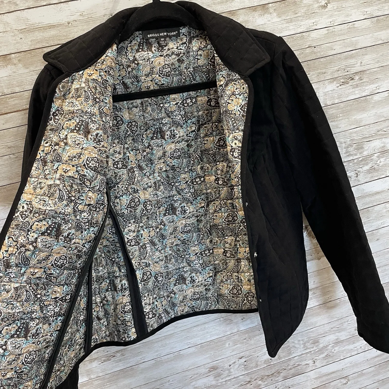 Briggs New York Womens 8P Jacket Black Quilted Coat Snap Up Paisley Lined - Image 3