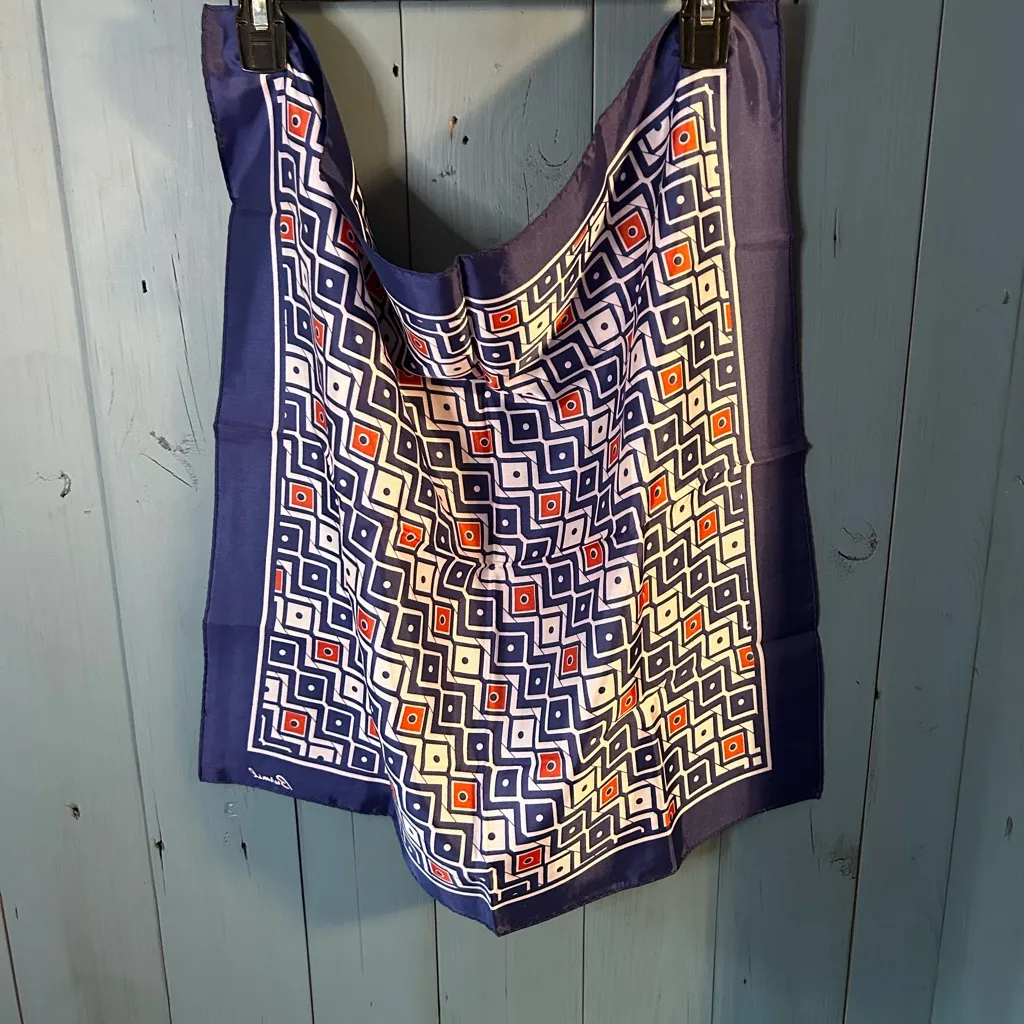 Vintage Burmel Silk Scarf Square 22.5” Red, White & Blue Geometric Patterned - Image 3