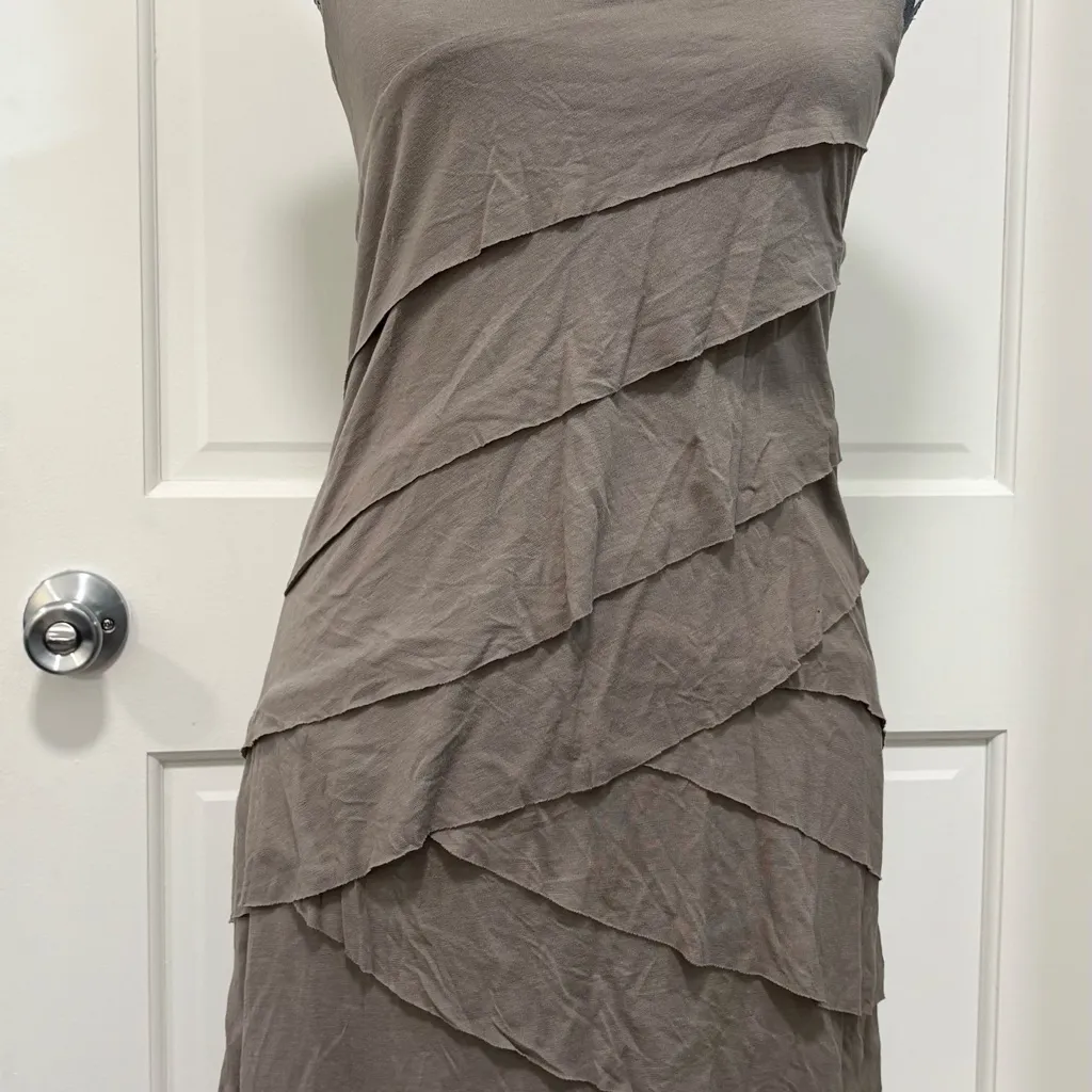 NY & Co Sleeveless Tank Dress Cocktail Club Wear Tiered Ruffle Asymmetrical Sexy Tan Size XS - Image 2