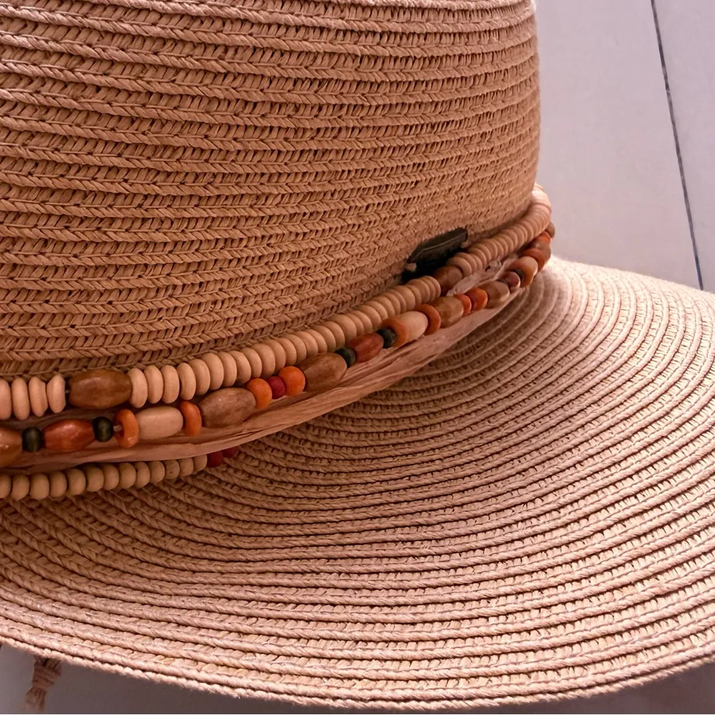 Elegant Tan Straw Hat with Beaded Trim - Image 2