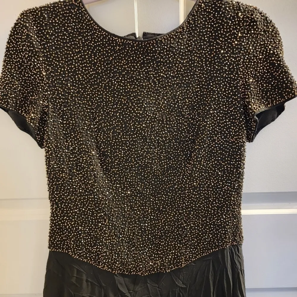 Vintage Bieff Basix Black Silk Short Sleeve Retro gold Beaded Midi Dress 6 - Image 15