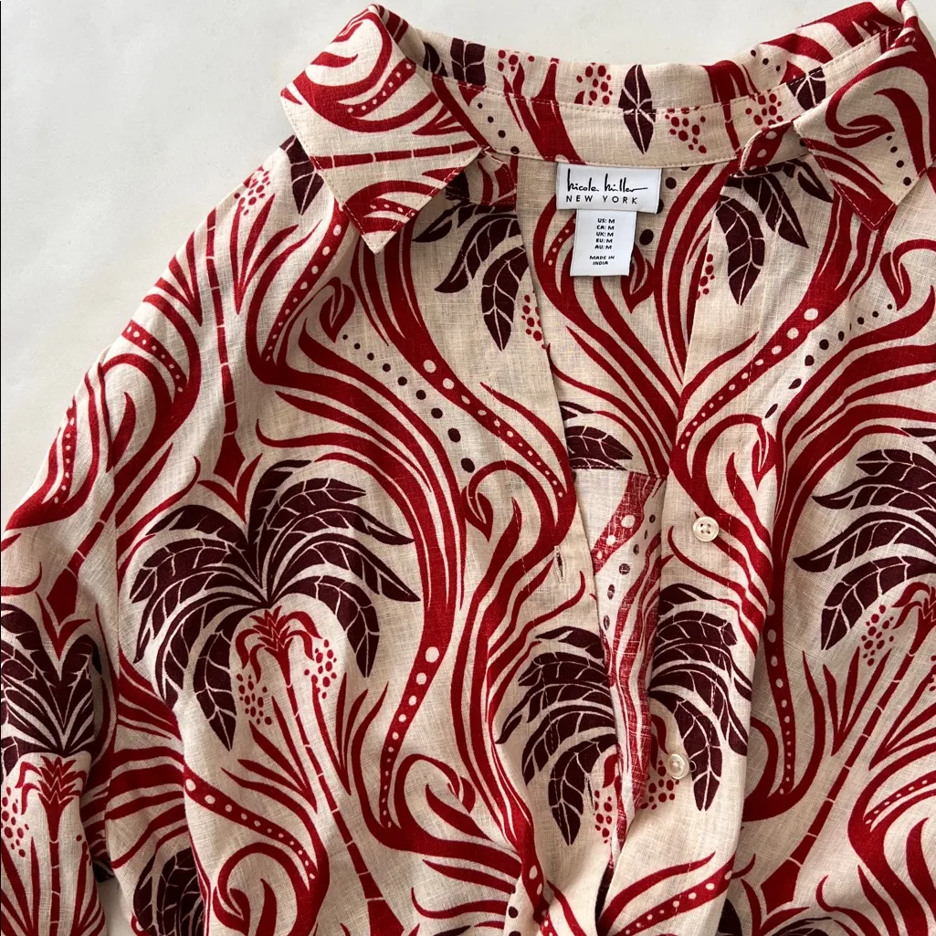 Nicole Miller 100% Linen Red & Cream Tie Front Button Down Long Sleeve Blouse M - Image 2