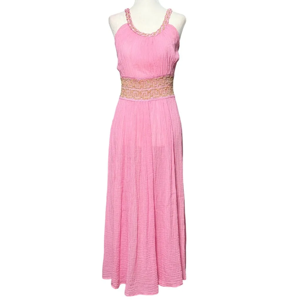 Pink Womens Maxi Dress Braided Trim & Embellished Gold Waist Boho Resort Wear Size undefined - Image 2