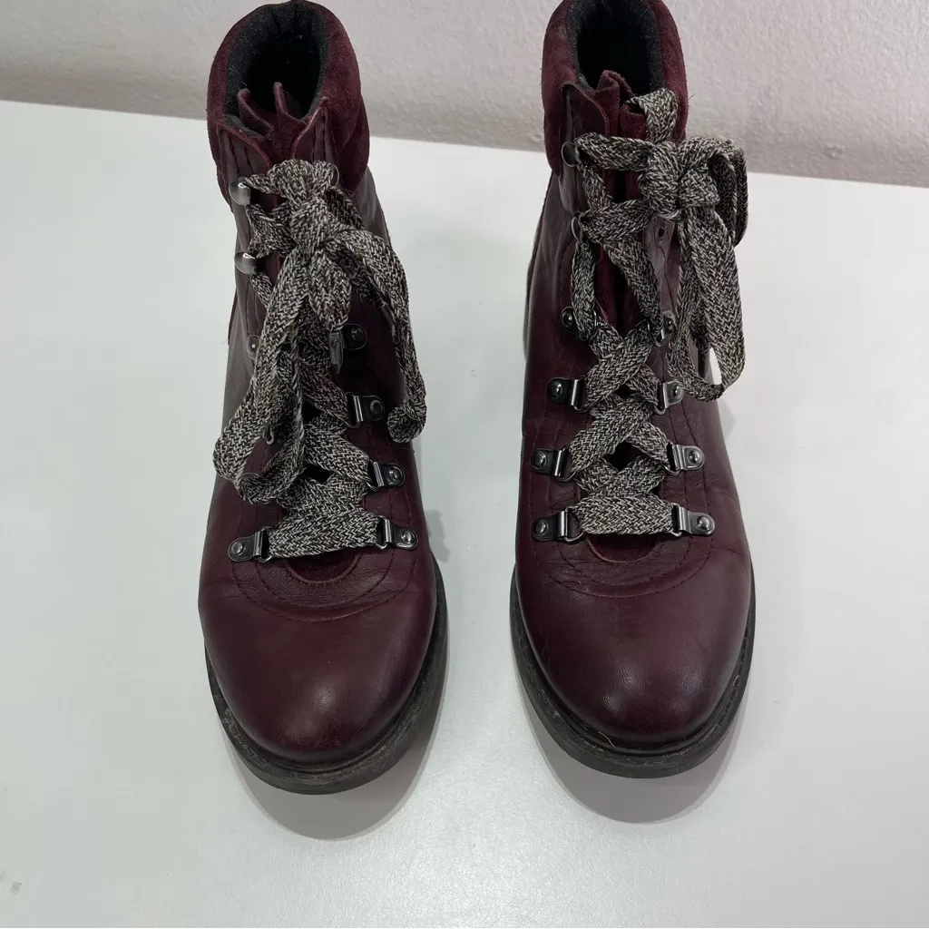 Sam Edelman Women 7 Darrah Combat Lace Up Hiker Boot Burgundy Leather Wool Boho - Image 2
