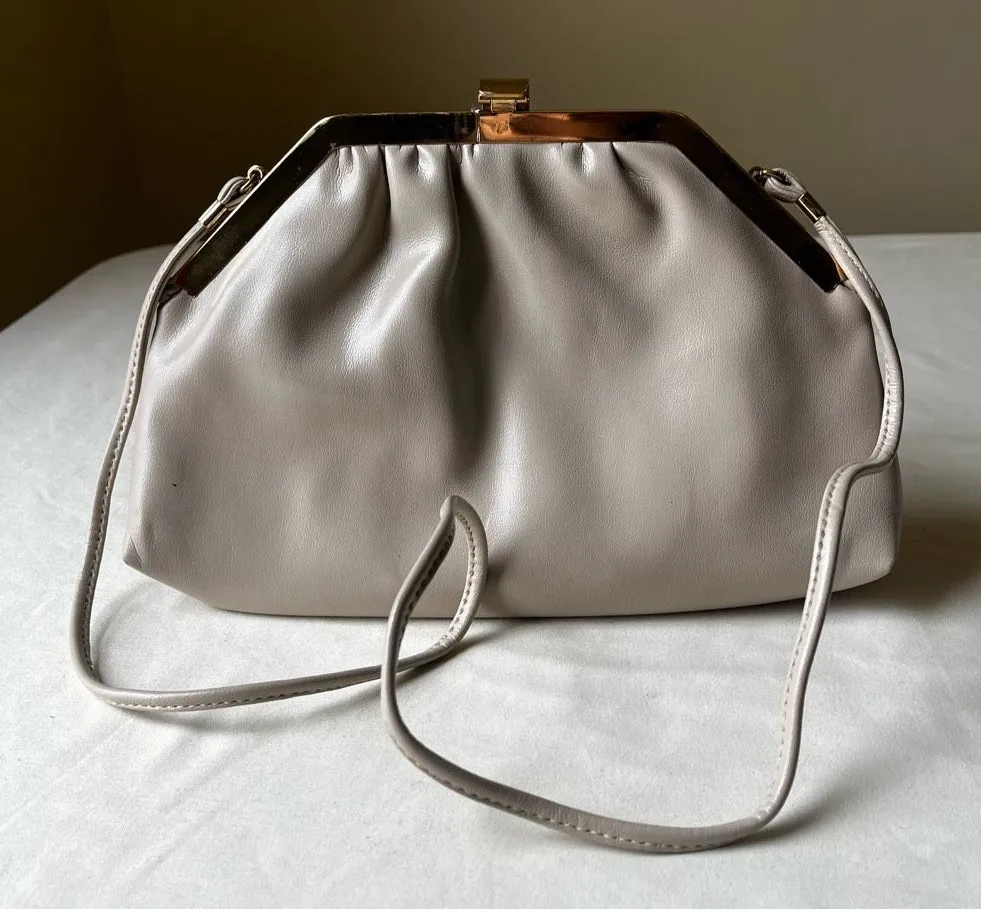 Vintage Taupe Leather Frame Clutch Shoulder Bag Gold Hardware 70s Evening Purse Tan - Image 1