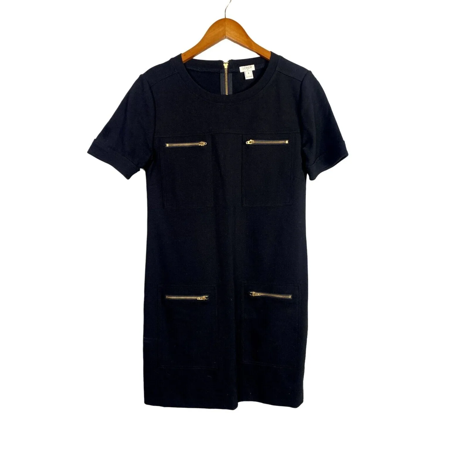 J. Crew Wool Gold Zipper Accent Short Sleeve Shift Mini Dress Stretchy 4 Black - Image 2
