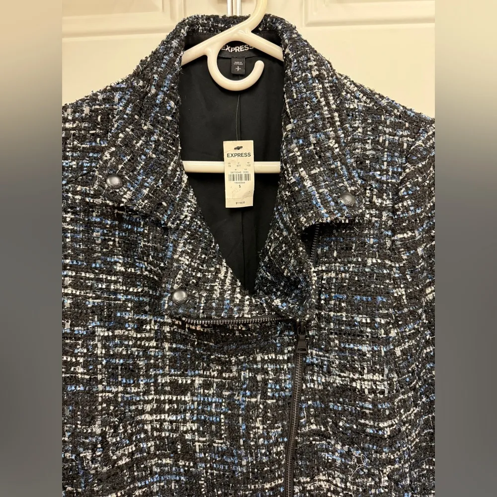 Express Black & Blue Blazer Tweed Moto Style sz Small nwt - Image 2