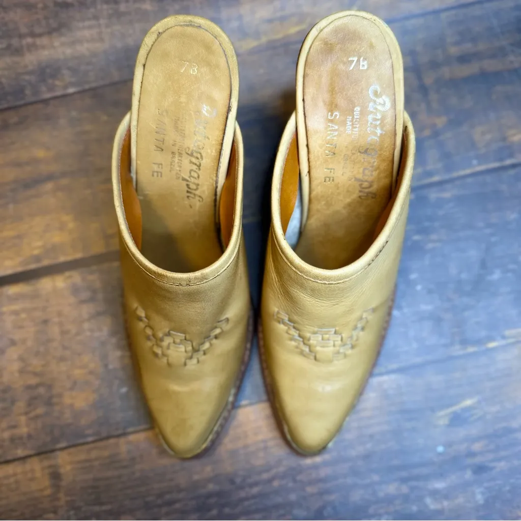 Vtg Y2K Autograph SANTA FE Woven Leather Mules 7B Pointed Toe Chunky Heel Tan Size 7 - Image 4