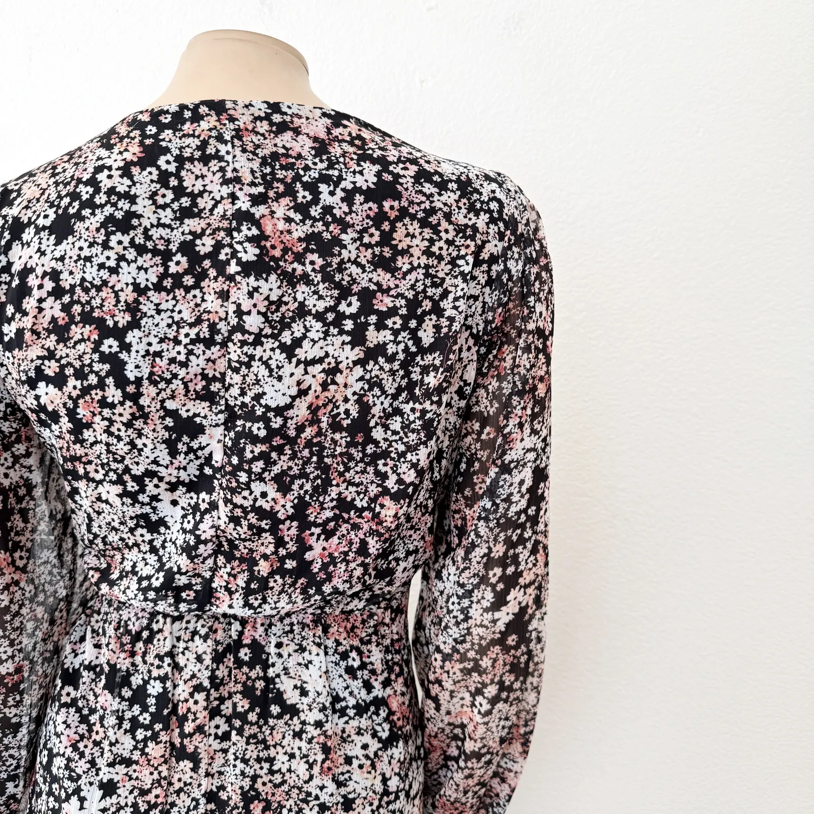 [Chelsea 28] Black Floral Print Ruffle Hem V-Neck Chiffon Wrap Dress Sz Large L - Image 4