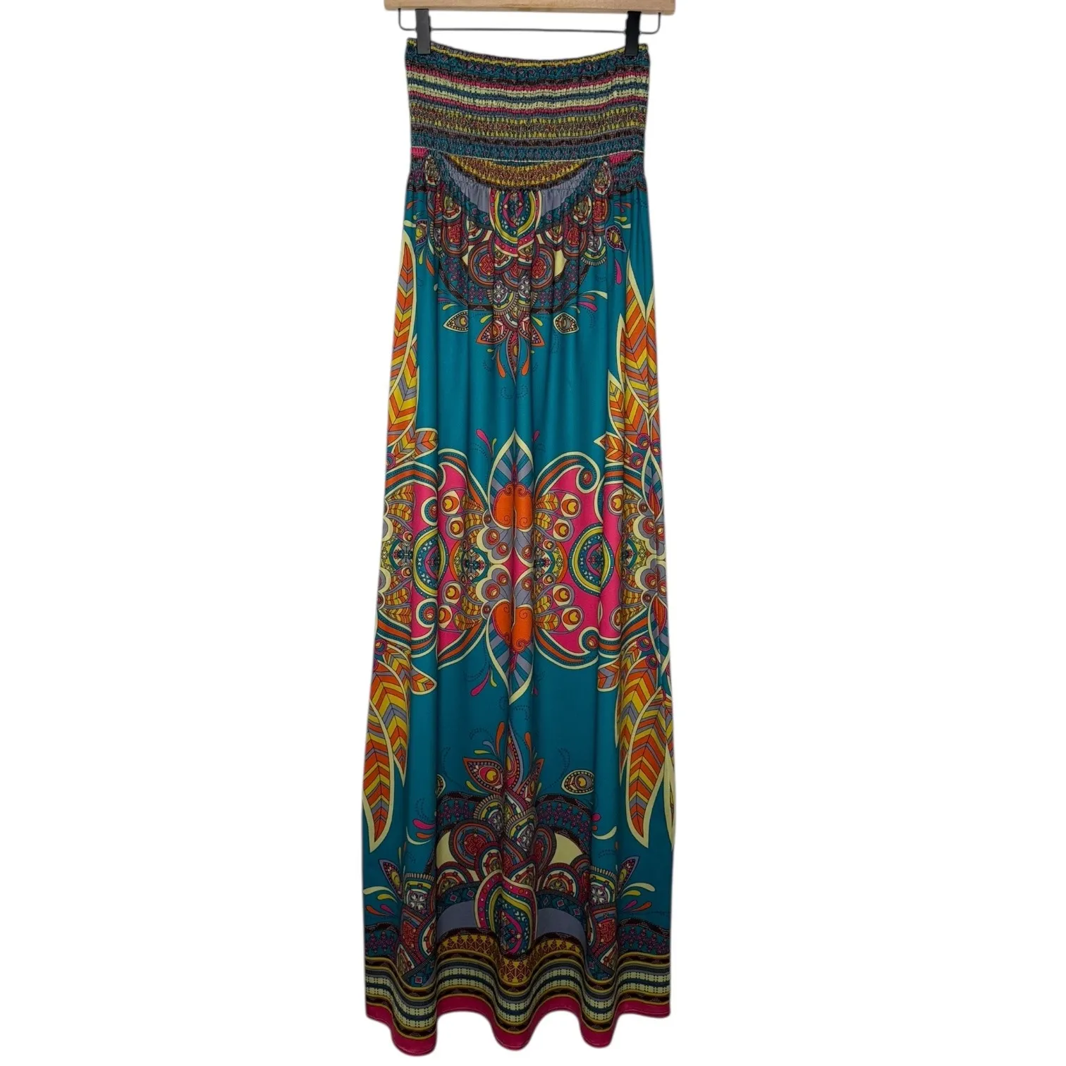 Smocked‎ Boho Maxi Strapless Bohemian Dress Empire Waist Teal Blue - Image 2