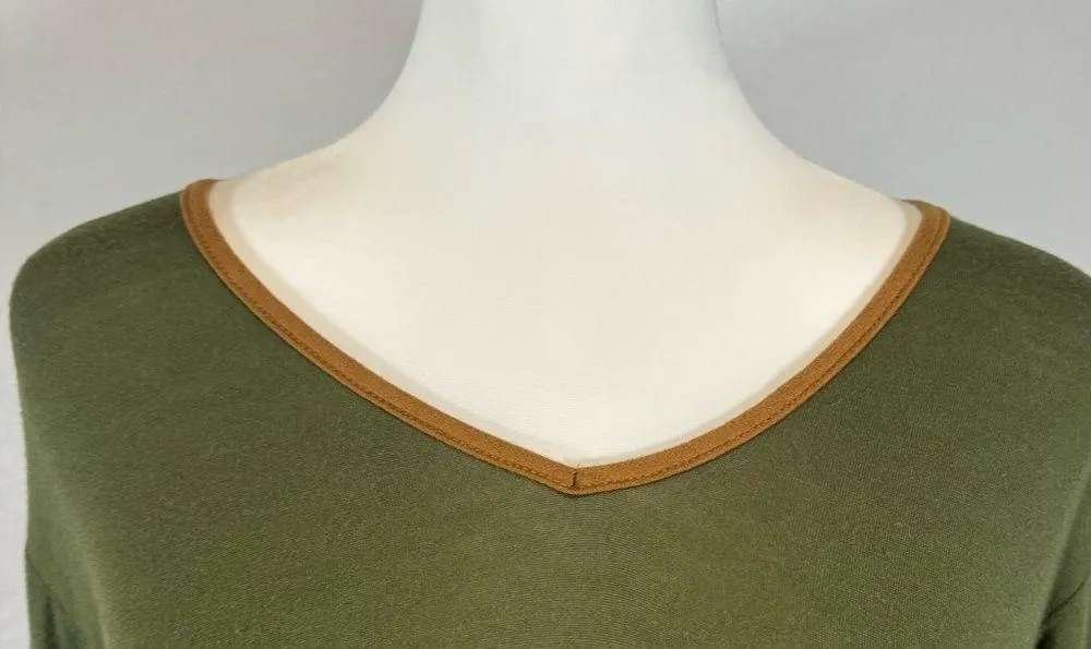 Long Sleeve Army Green Dress With Brown Suede Trim Size Small - Image 2