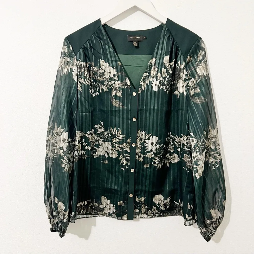 Ted Baker Eveliin Meadov Sweep print long sleeved blouse green floral Sz Medium - Image 3