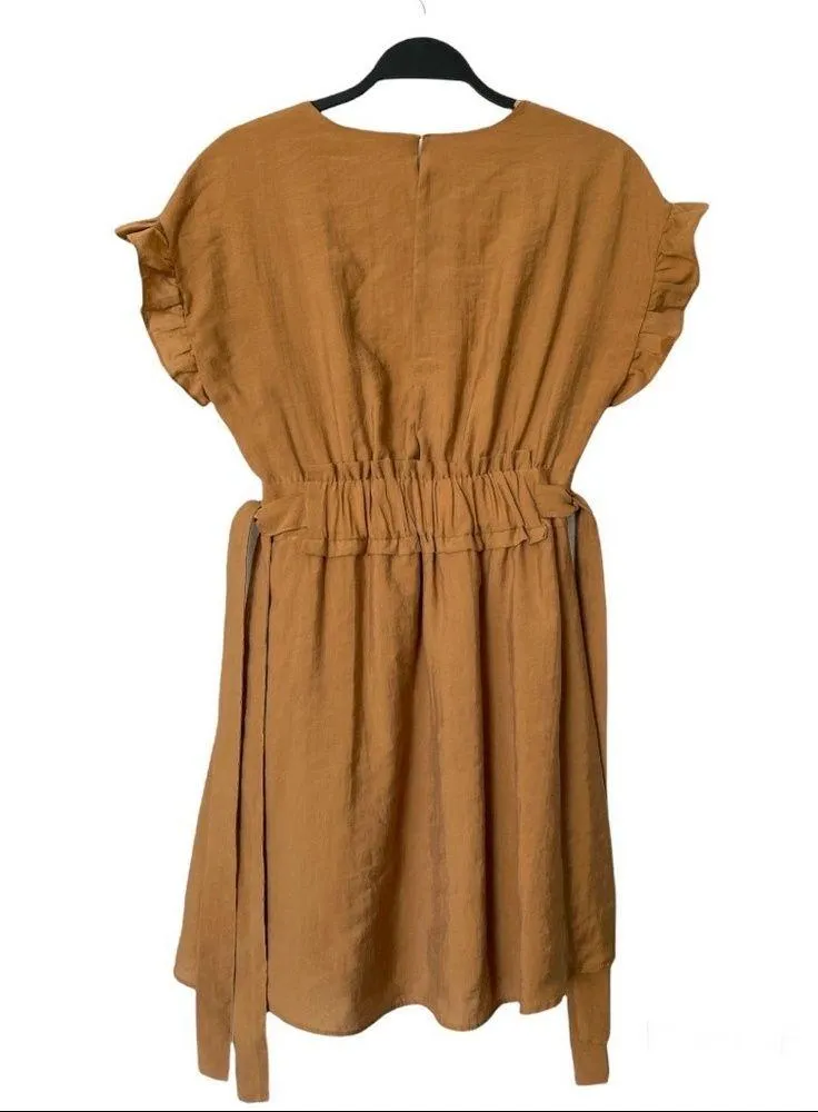 Zara Ruffle Sleeve Keyhole Back Cinched Waist Brown Mini Dress Size Small - Image 10