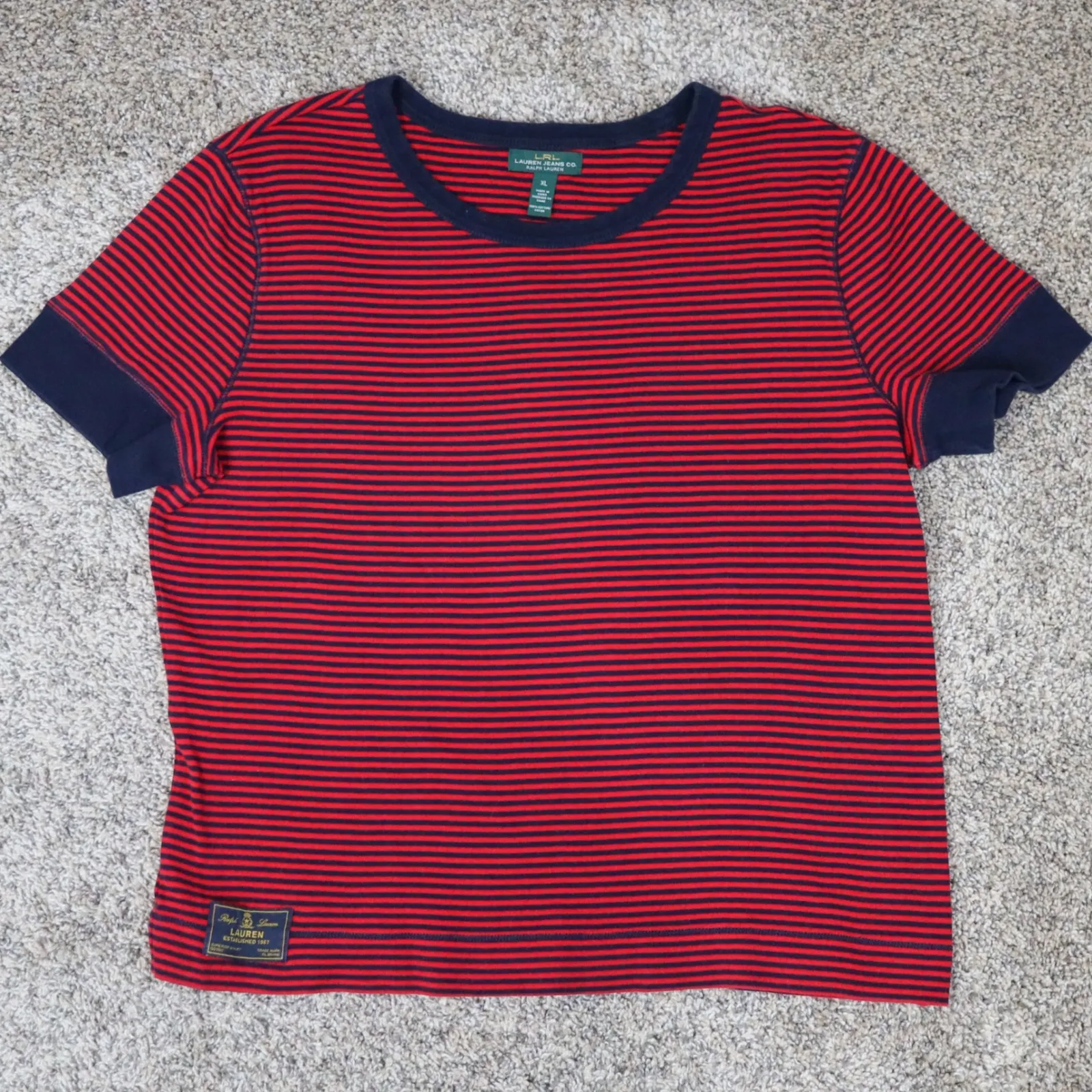 LRL Lauren Jeans Co Striped Ringer Tee Red‎ Navy Women's XL Cotton Stretch Red - Image 4