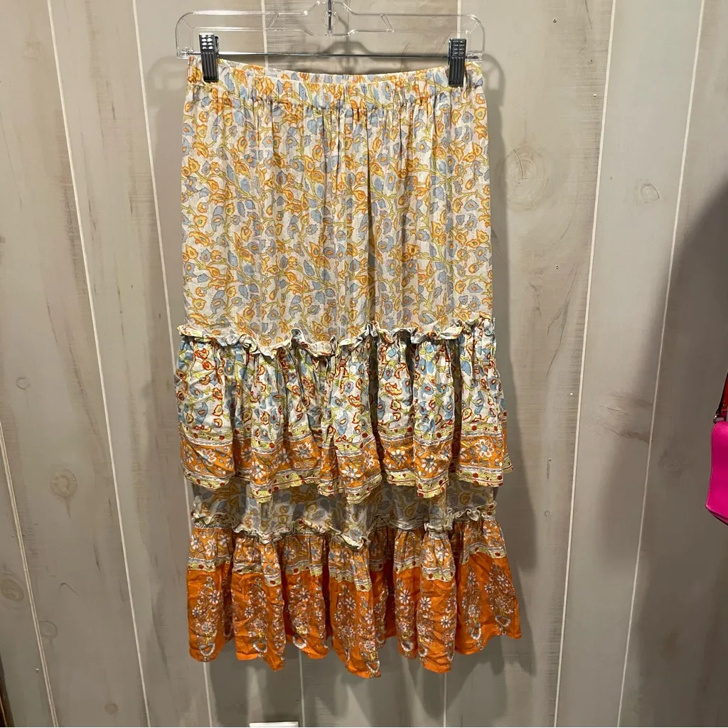 Cute tiered ruffle midi metallic thread boho floral pull on skirt festival fairy Orange Size XS - Image 6