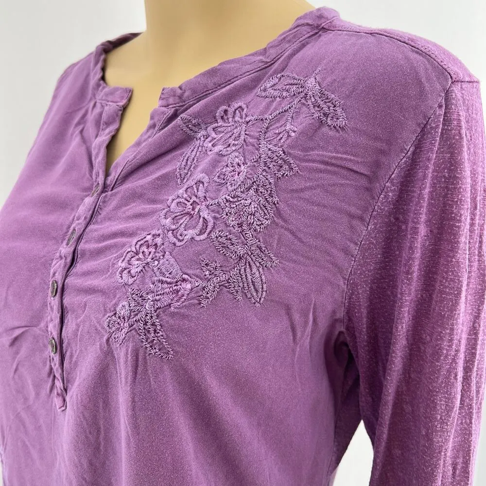 Sonoma (M) Purple Floral Embroidered Roll-Tab Sleeve Henley Tee Shirt - Image 2
