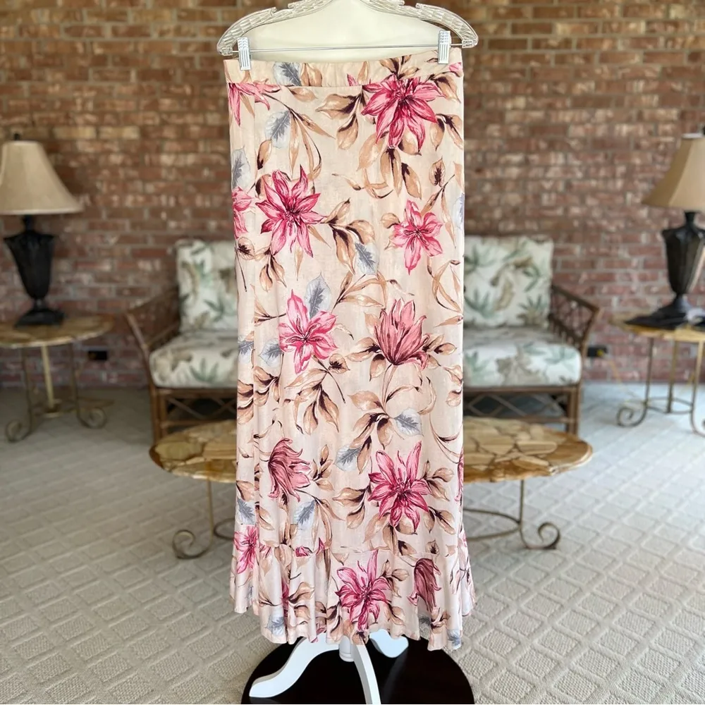 Lascana Maxi Skirt Pink Floral Ruffled Split Front 8 Vacation Brunch Party Mod - Image 14