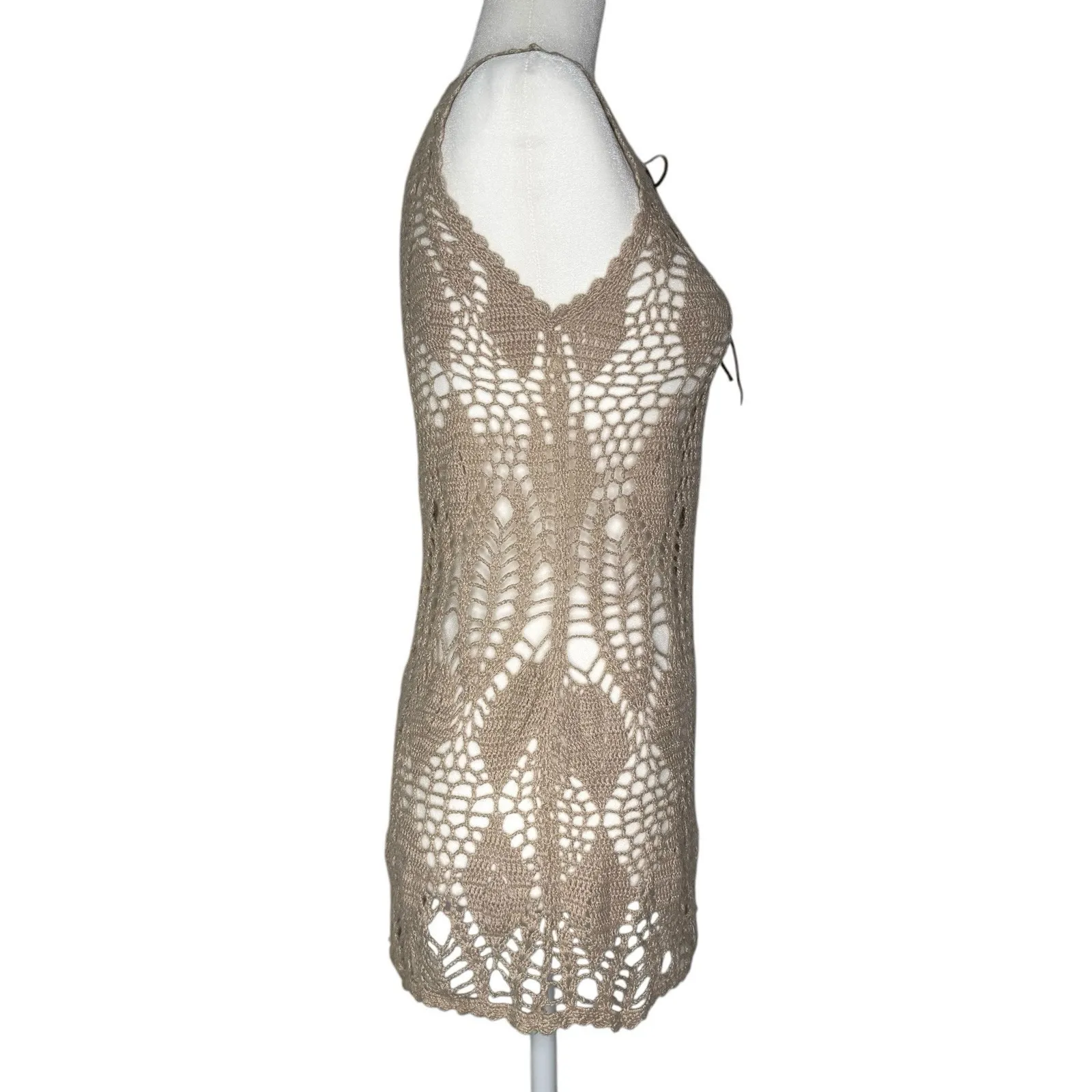 Y2K Vintage‎ Wet Seal Tank Top L Boho Crochet Bow Tie Tunic Beachy Cover Shirt - Image 4