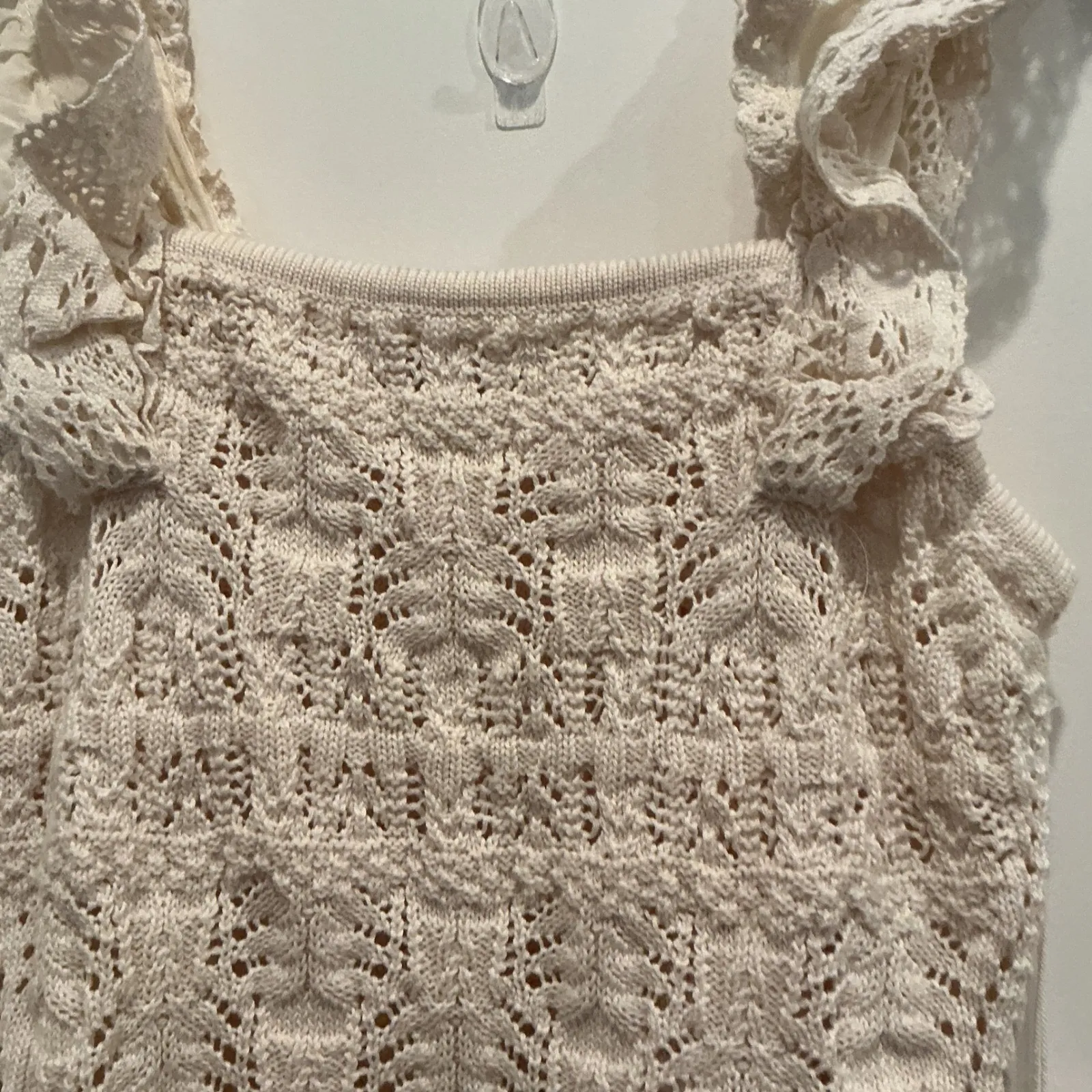 Dex Cream Crochet Knit Tank Top with Lace Ruffle Straps | Boho Cottagecore NWT Size M - Image 2