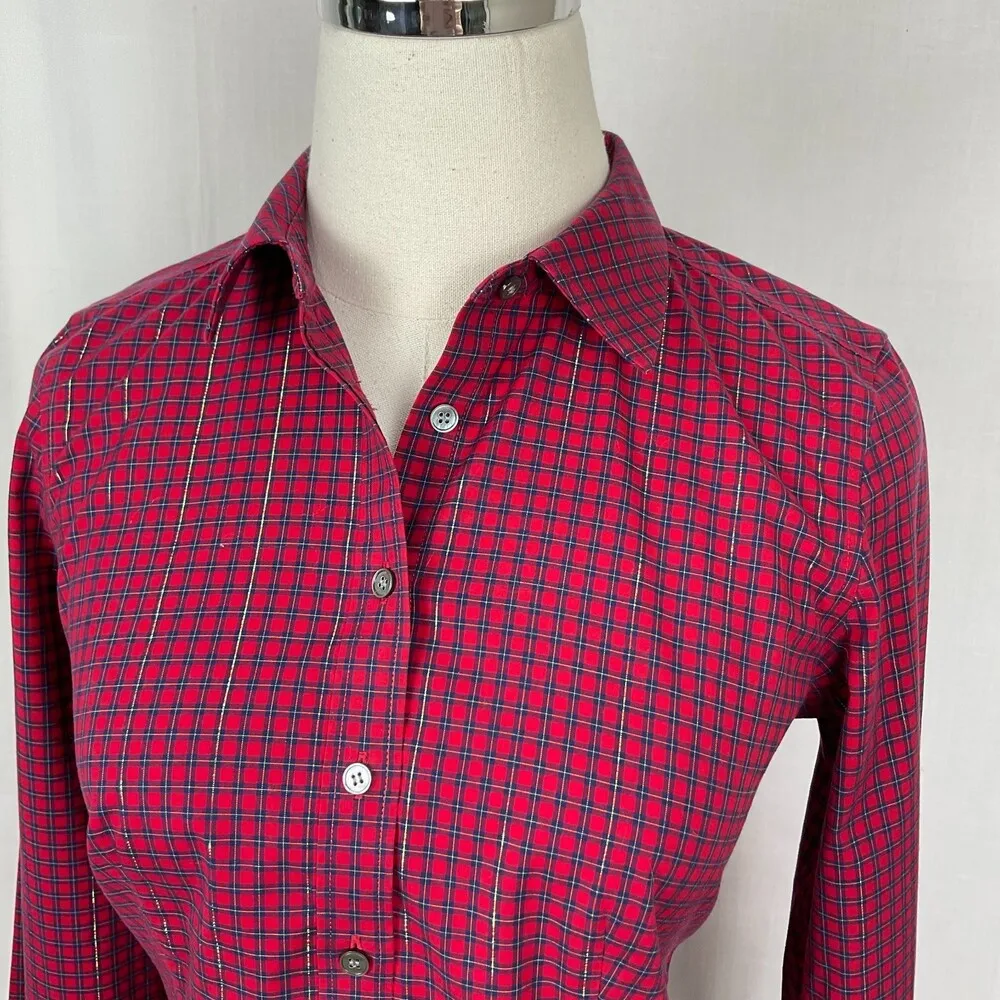 Talbots Red Check Shirt Sz 2P Wrinkle Resistant Shimmering Button Front Holiday - Image 2