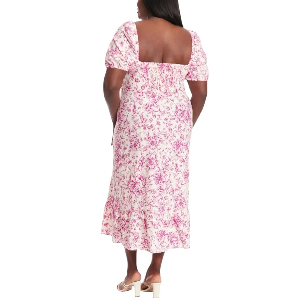 London Times Puff Sleeve Pink Floral Print Midi Dress size 24W Square Neck NWT - Image 2