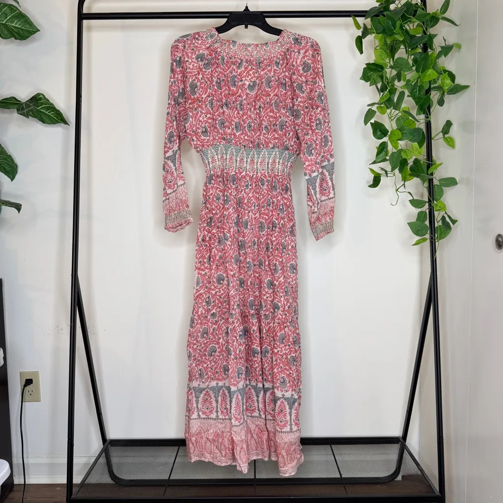 Bell by Alicia Bell Block Print Boho Long Sleeve Dress Silk Made in India Small Pink - Image 3