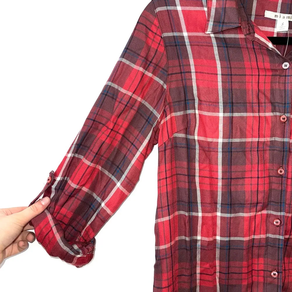 Francesca’s Miami NWT Red & Black Plaid Button Down Tunic Shirt - Image 4