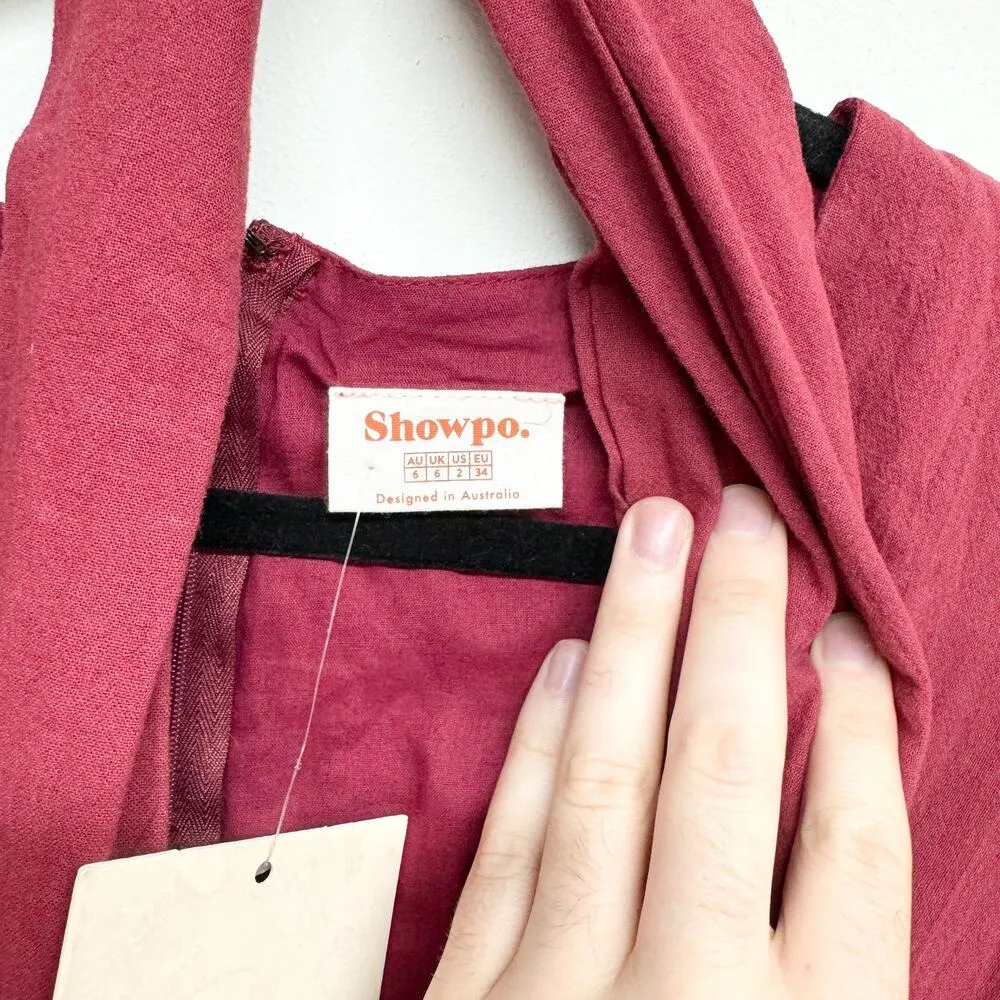 NWT SHOWPO WOMEN FREE MIND DRESS IN WINE LINEN LOOK SIZE 2 - Image 4