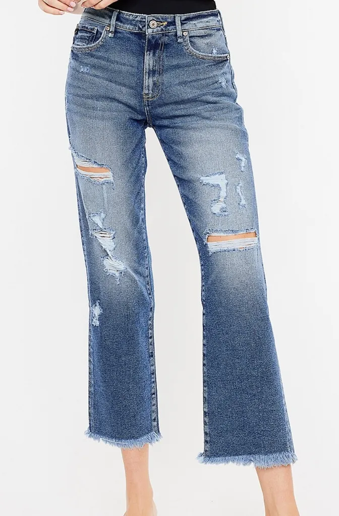 KanCan High Rise Straight Distressed Raw Hem Crop Denim Jeans Blue Size 32 - Image 1