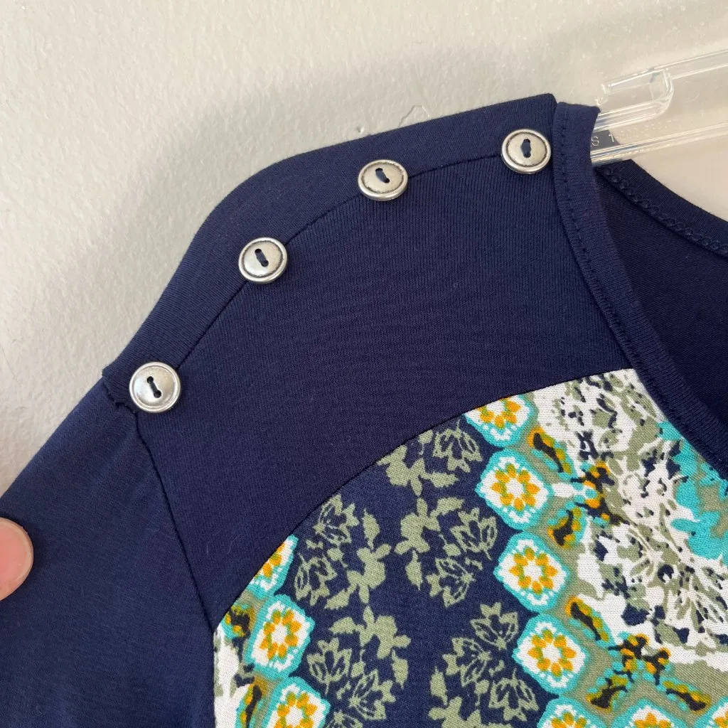 Ava James Sz L V Neck Floral Print Blue Pullover Stretch Blouse Top - Image 3