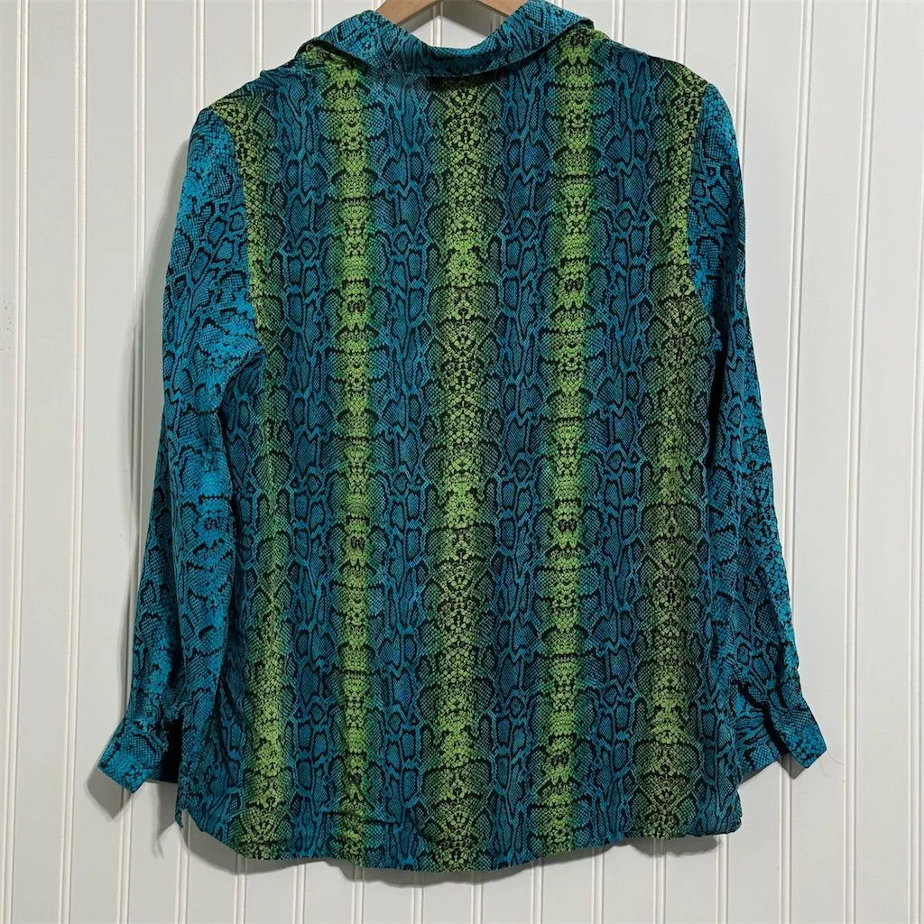 Diane Gilman Silk Snakeskin Shirt S Blue Green Sequin Mob Wife Y2K Button Up Top - Image 3